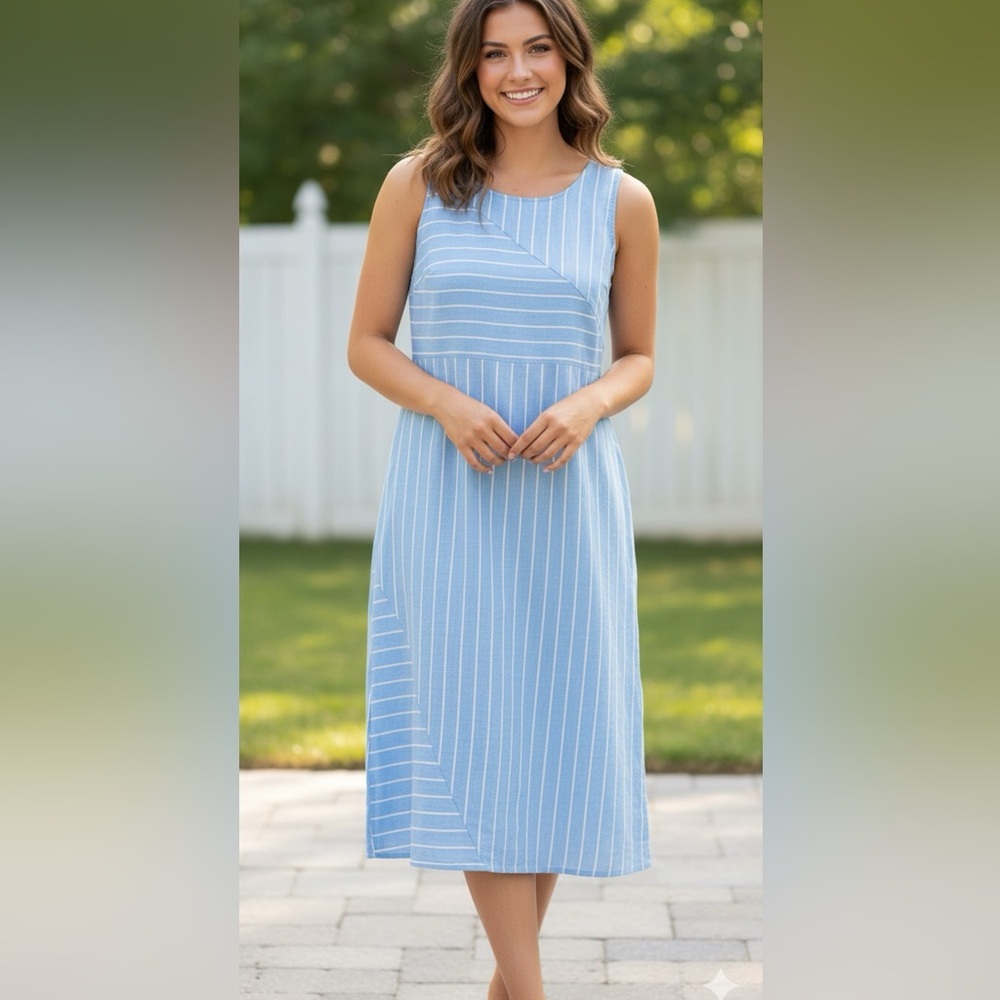 Linen Vanessa Zani Italian Light Blue striped‎ sleeveless dress side slit medium